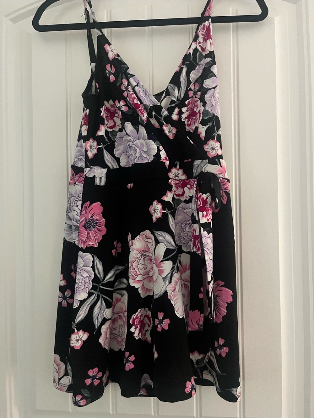 Candie's Black Floral Wrap Romper with Pink & Lavender Accents